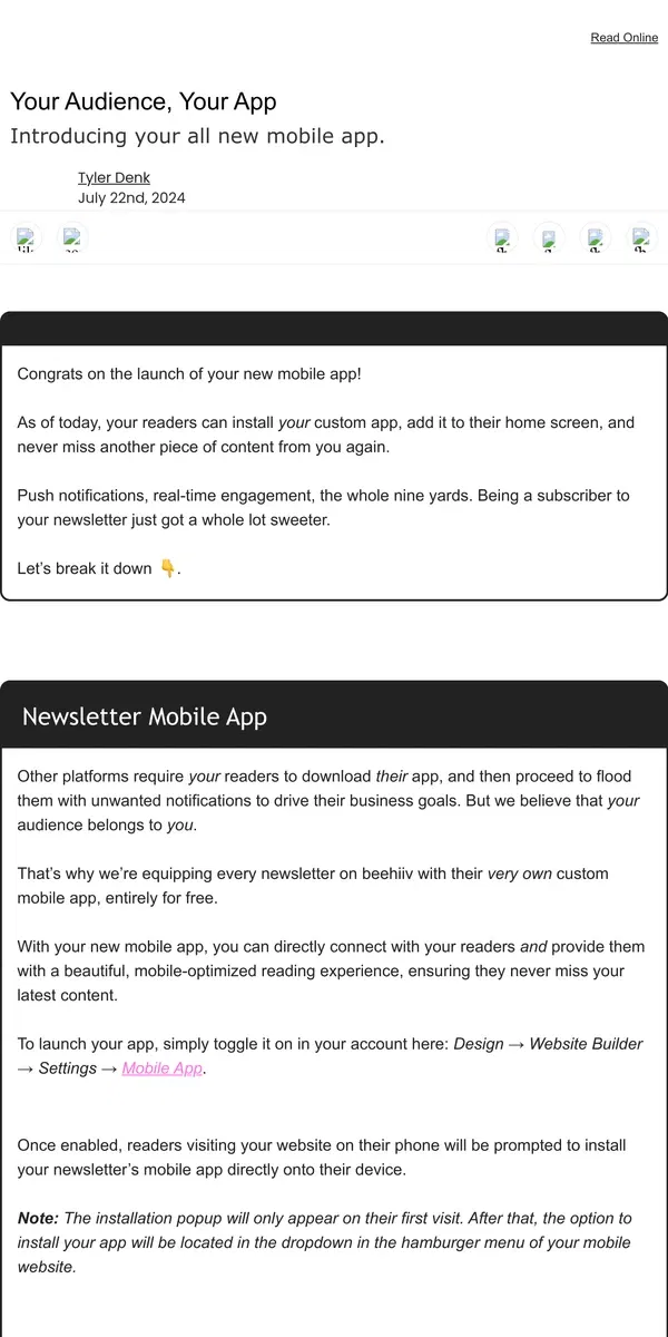 Email from beehiiv. installing your app...