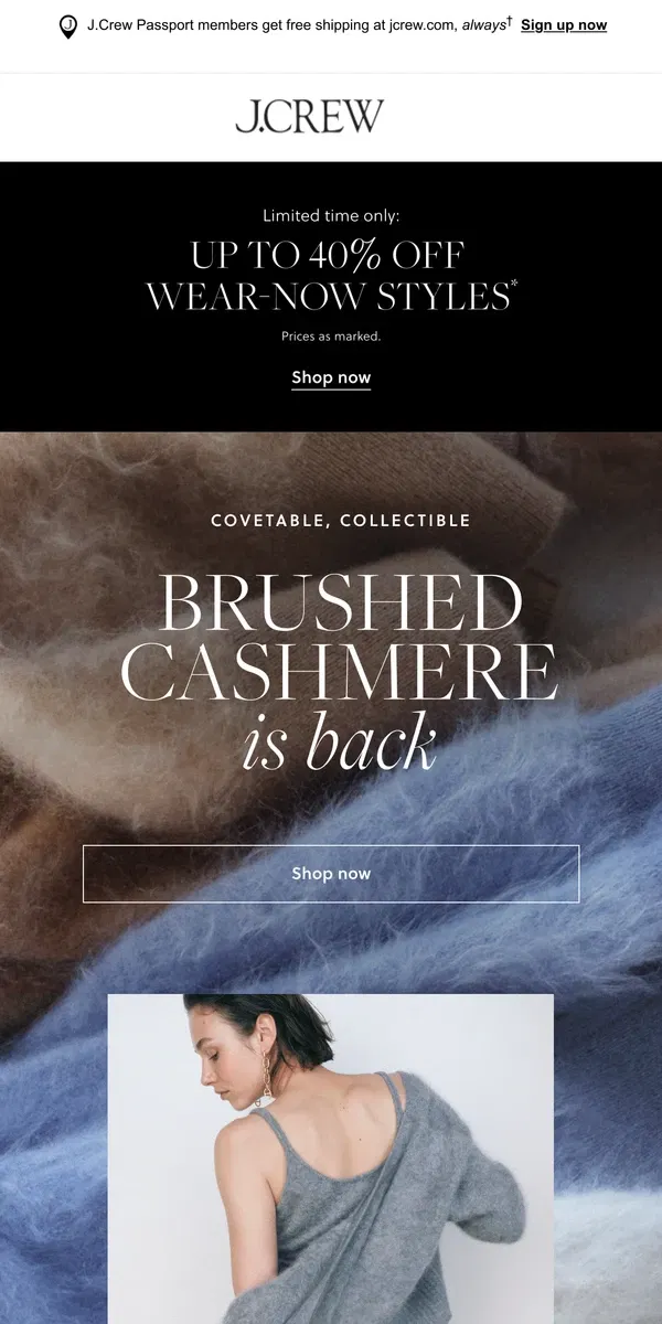 Email from J.Crew. New in our best-selling brushed cashmere collection