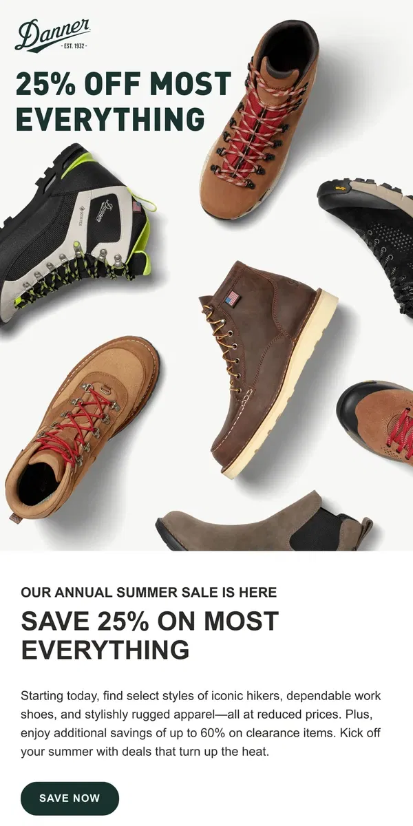 Email from Danner. 25% Off Most Everything Starts Now