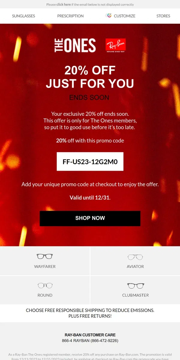 Email from Ray-Ban. 48H left / 20% off sitewide