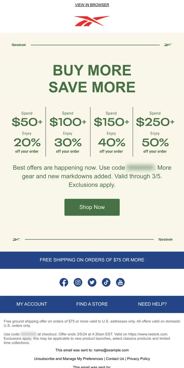 Email from Reebok. Get up to 50% off until 3/5