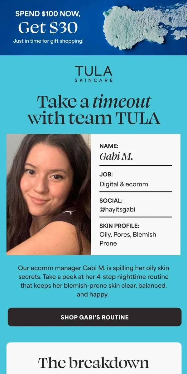 Email from TULA Skincare. 4 steps to balanced, healthy skin