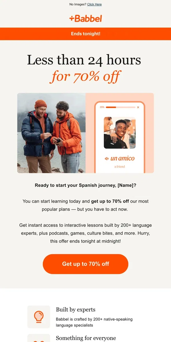 Email from Babbel. So long, farewell to 70% off Babbel 👋