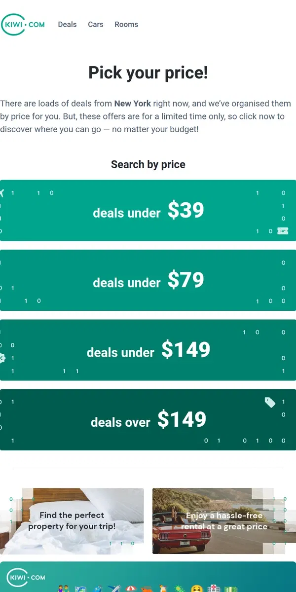 Email from Kiwi.com. New deals from New York under $39