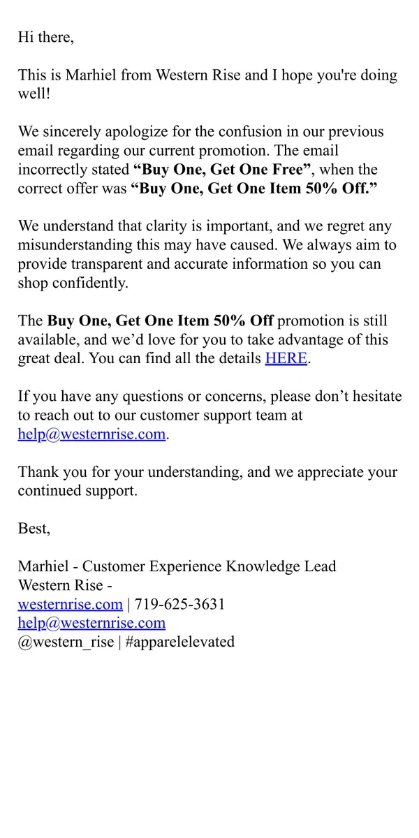 Email from Western Rise. Correction: Buy One, Get 1 Item 50% Off