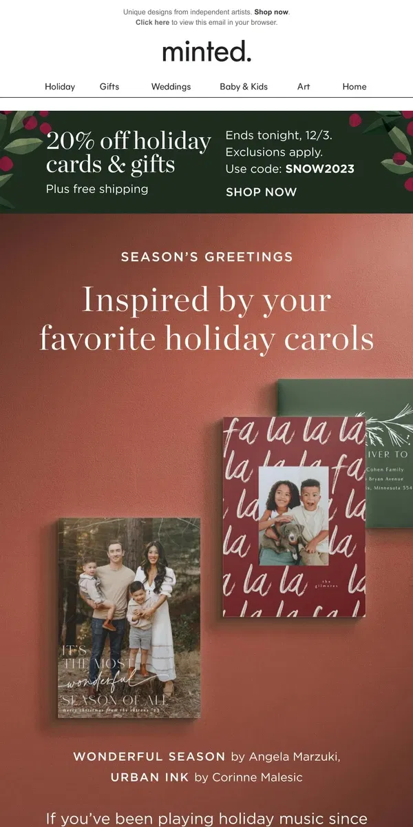 Email from Minted. Ends tonight: 20% off holiday cards + free shipping