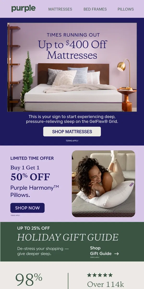 Email from Purple. Times running out! Up to $400 off