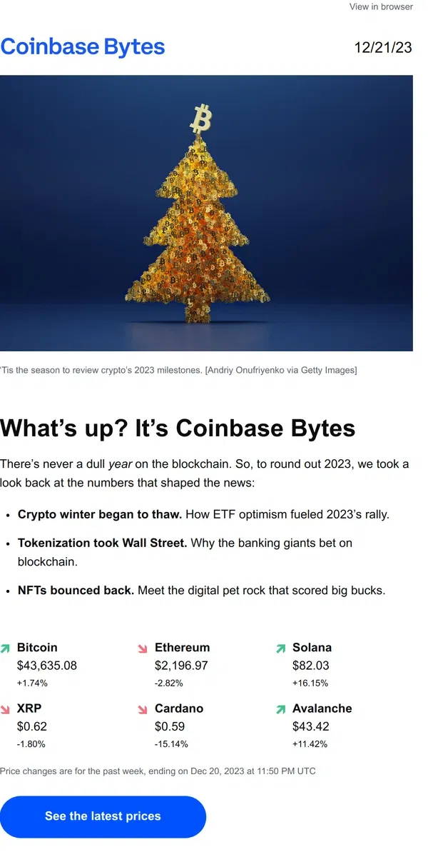 Email from Coinbase. Crypto’s busy year, in numbers