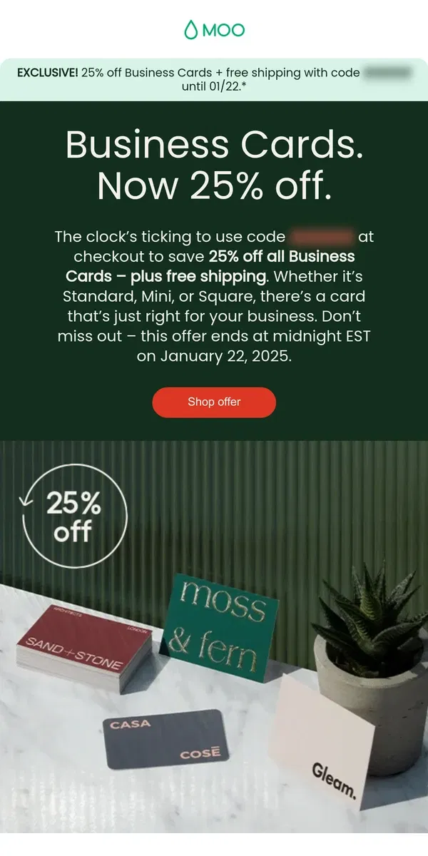 Email from MOO. 🎯 25% off Business Cards. Just for you.