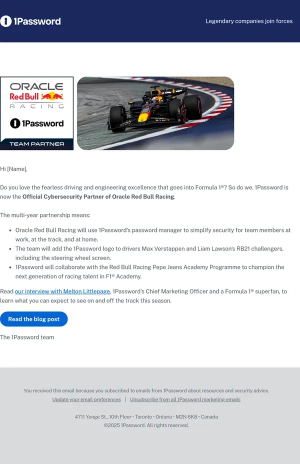 Email from 1Password. 1Password & Oracle Red Bull Racing: Unstoppable