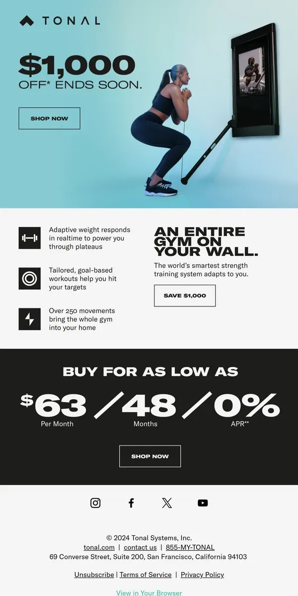 Email from Tonal. Ending Soon: $1,000 Off Tonal