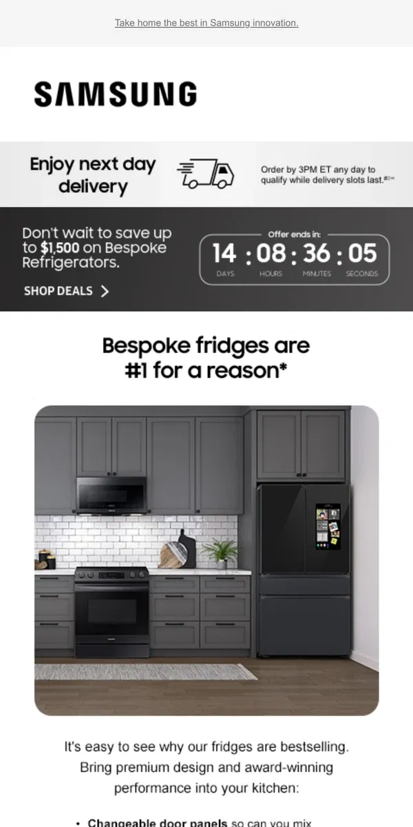 Email from Samsung. [Name], make a top-ranked Bespoke fridge yours today