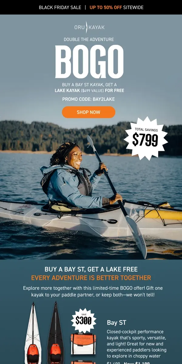 Email from Oru Kayak. BOGO Alert 🚨 Buy a Kayak, Get one FREE