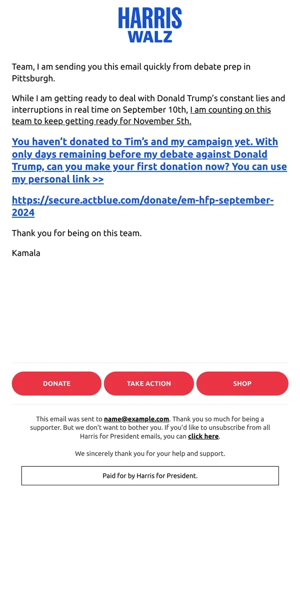 Email from Kamala Harris. Sent from debate prep