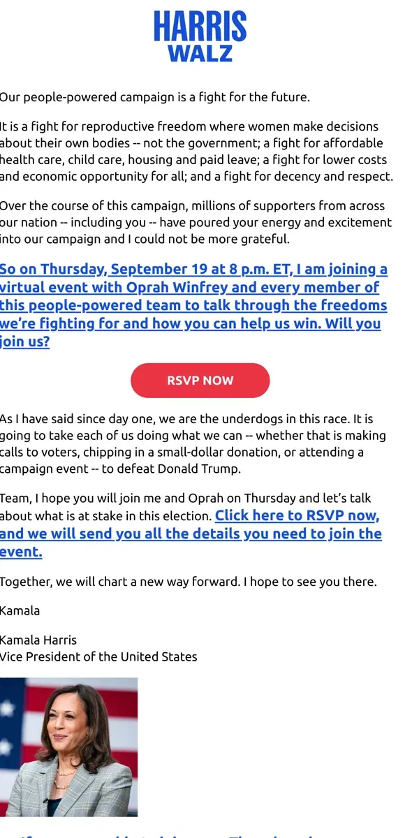 Email from Kamala Harris. I hope you will join me and Oprah Winfrey next Thursday