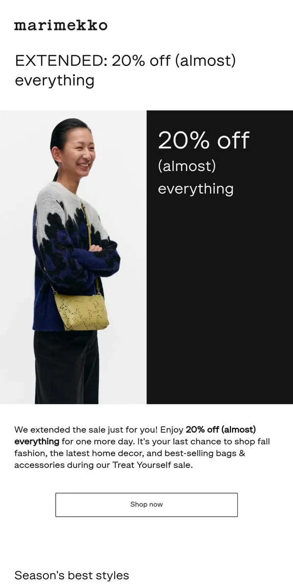 Email from Marimekko. Extra 24 hours for 20% off ⚡