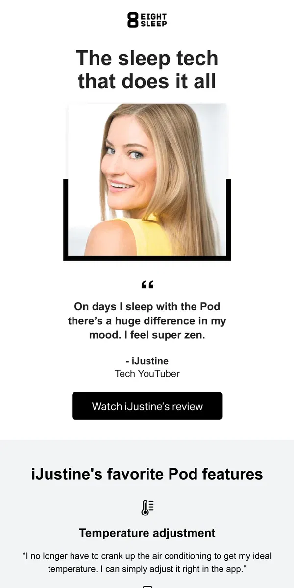 Email from Eight Sleep. How iJustine wakes up