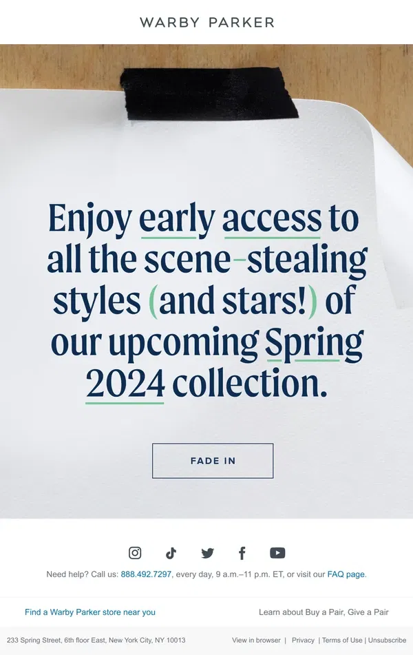 Email from Warby Parker. Screen our new collection early