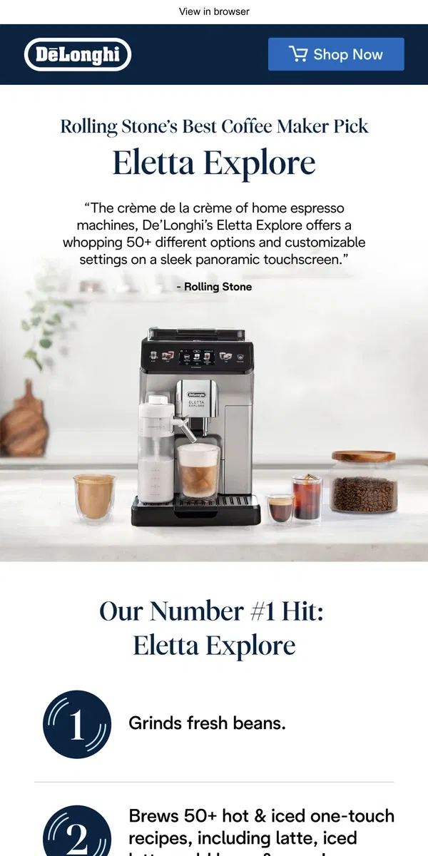 Email from De'Longhi. Rated Best Coffee Maker for 2024: Eletta Explore