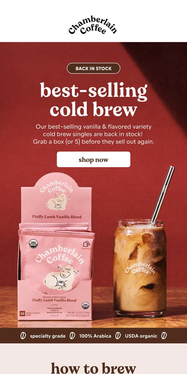 Email from Chamberlain Coffee. IT'S BACK: flavored cold brew singles