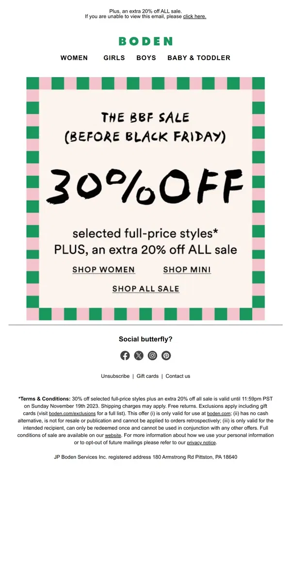 Email from Boden. 30% off while you wait for Black Friday