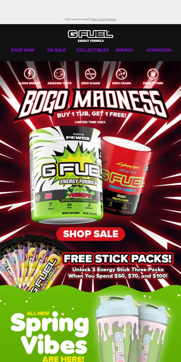 Email from G FUEL. 🚨Buy 1, Get 1 FREE and Energize Your Day