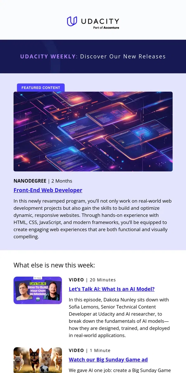 Email from Udacity. 📬 New Front-End Dev Program, AI Models discussion & more