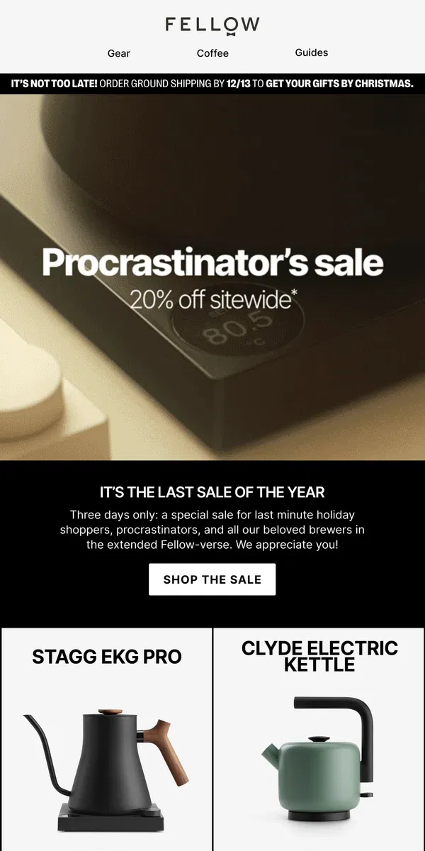 Email from Fellow. 20% off sitewide for three days only