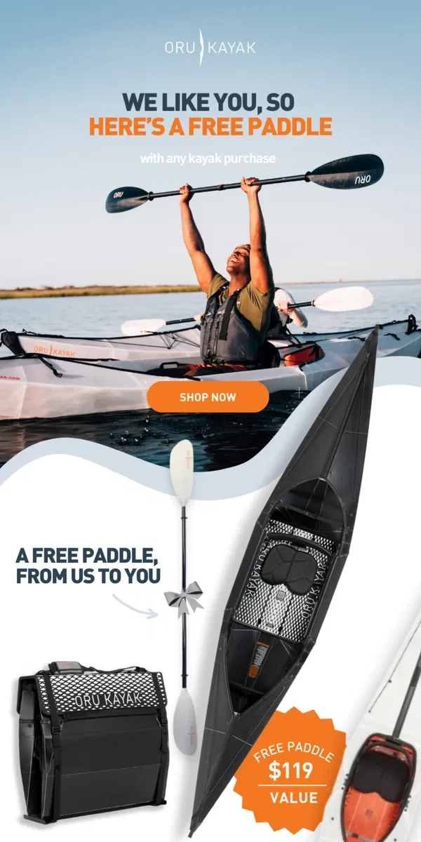 Email from Oru Kayak. Ends Tomorrow: FREE Paddle with Purchase 🚣‍♀️