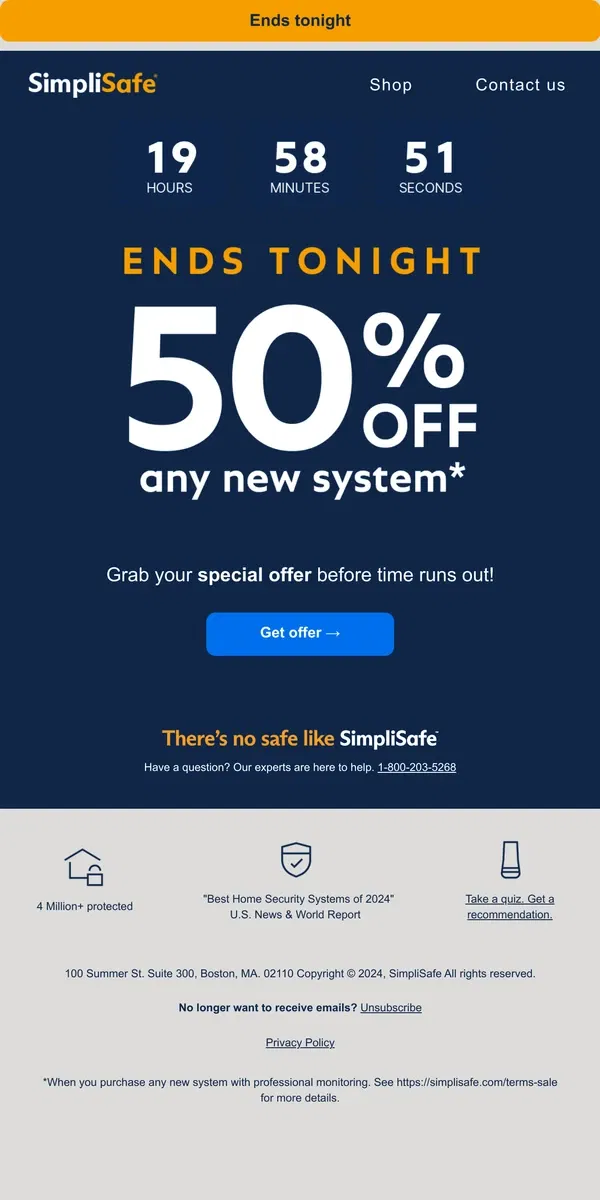 Email from SimpliSafe. Final hours to get your Customer Appreciation deal