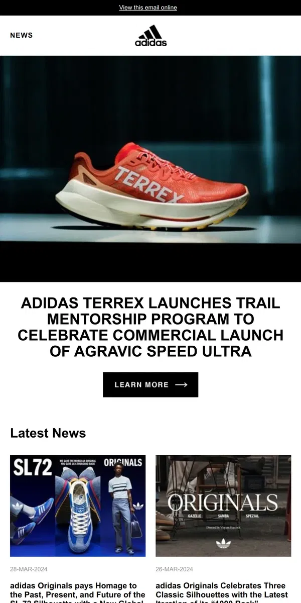 Email from Adidas. adidas TERREX launches trail mentorship program to celebrate commercial launch of Agravic Speed Ultra