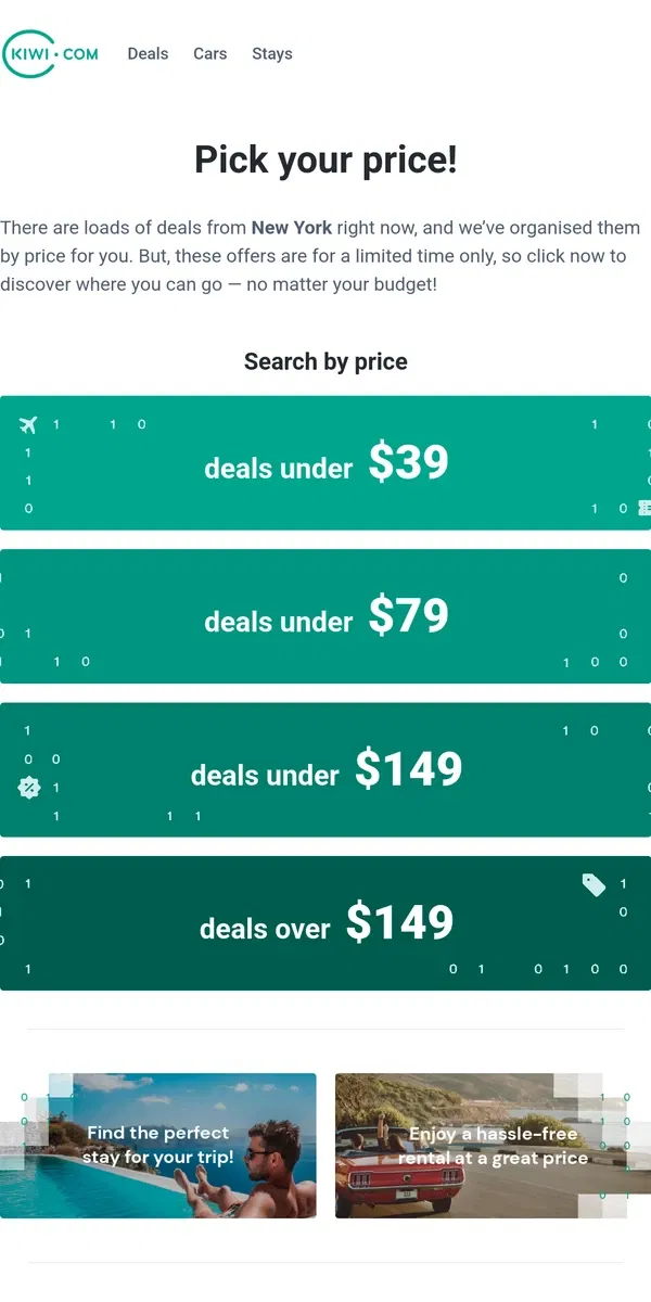 Email from Kiwi.com. New deals from New York under $39