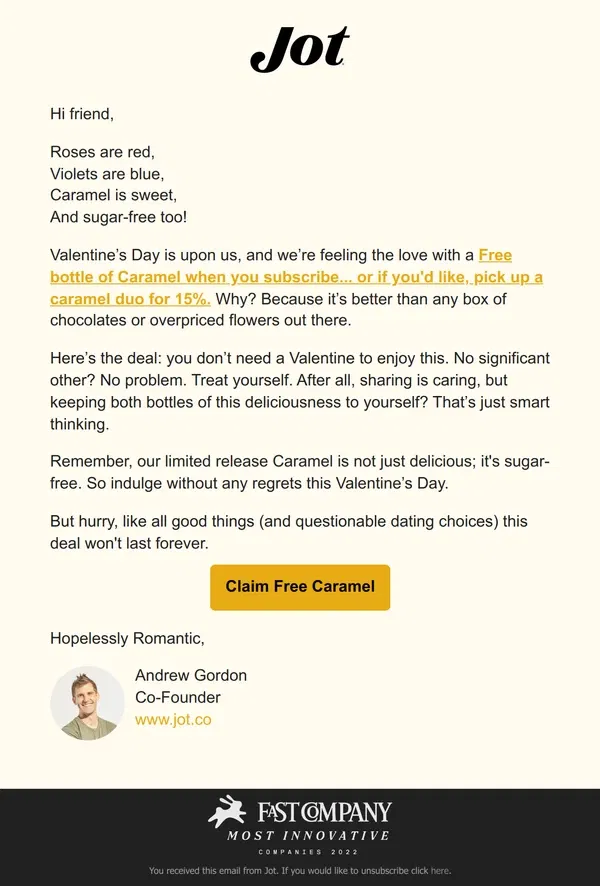 Email from Jot. A sweet deal this Valentine's