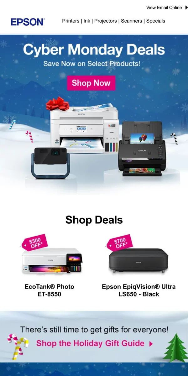 Email from Epson. Cyber Monday! Save now on select products