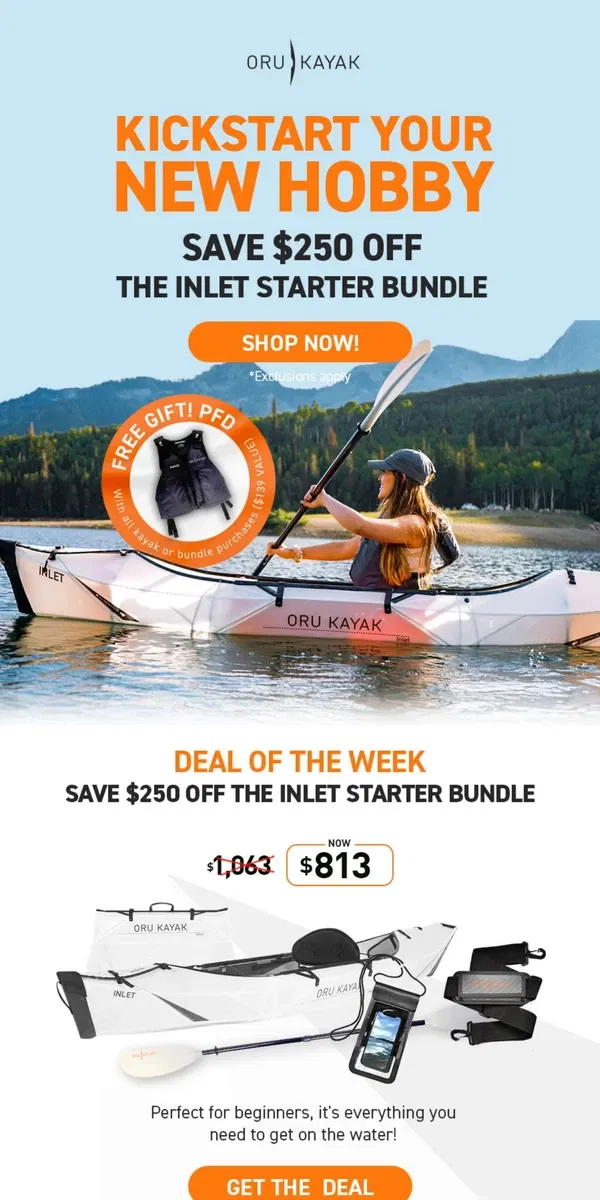 Email from Oru Kayak. Unlock $250 off Inlet Starter Bundle 🔓