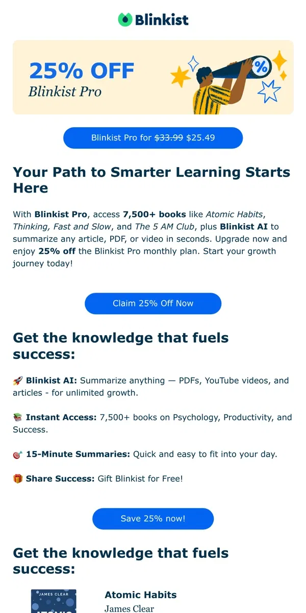 Email from Blinkist. 🚀 Your Shortcut to Smarter Learning – 25% Off Blinkist Pro!