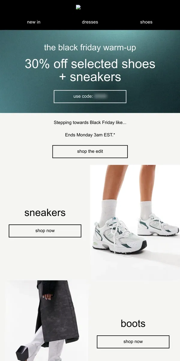 Email from ASOS. 30% off selected shoes + sneakers!