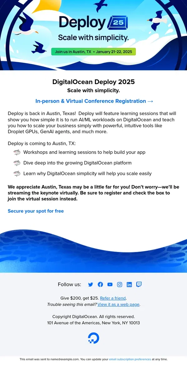 Email from DigitalOcean. DigitalOcean Deploy | Austin, TX | January 20-22, 2025