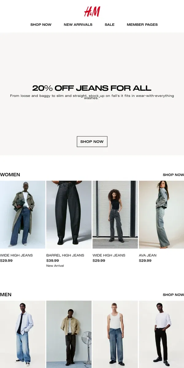 Email from H&M. 20% off jeans for all