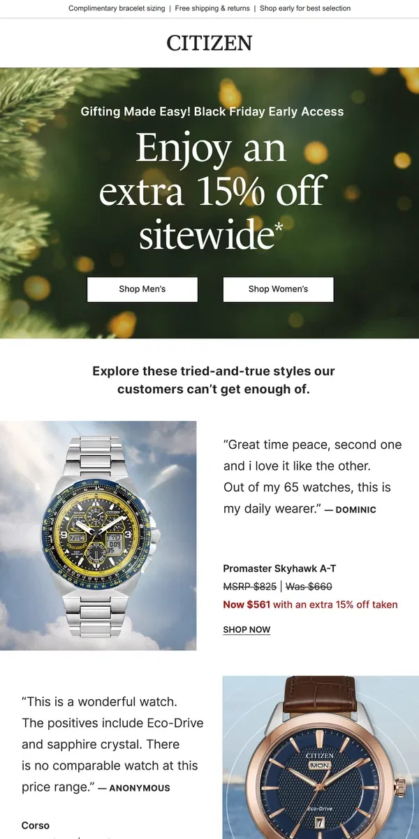 Email from Citizen Watch. Our Best-Selling Gifts + An Extra 15% Off with Black Friday Early Access