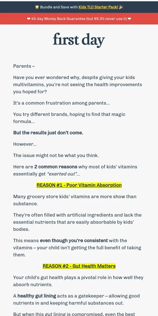 Email from First Day. Frustrated with kids' vitamins?