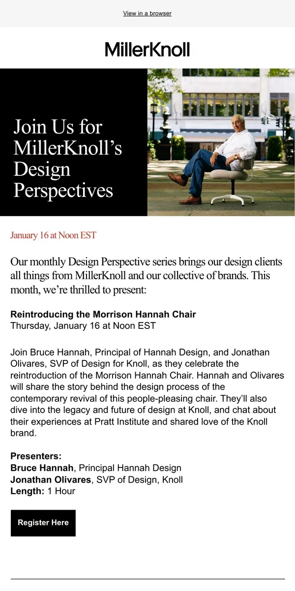 Email from Herman Miller. Reminder: Join Us on January 16 for MillerKnoll’s Design Perspectives Series