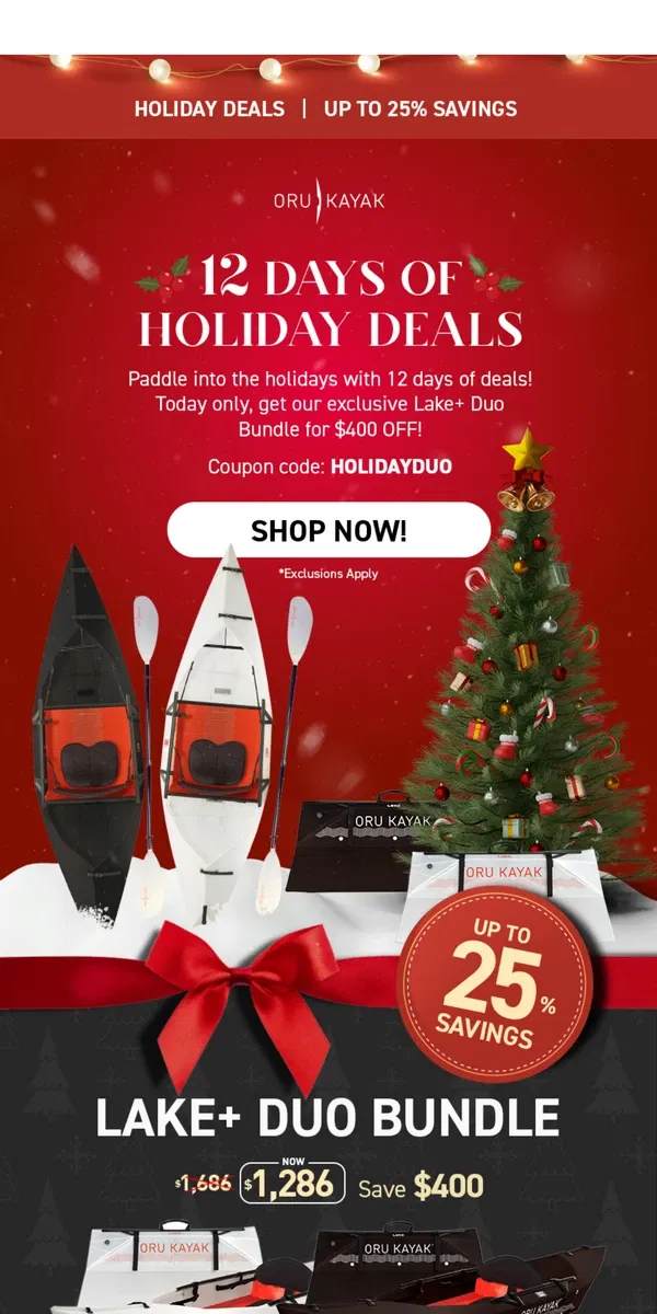 Email from Oru Kayak. Unwrap Adventure: 12 Days of Holiday Deals 🎄