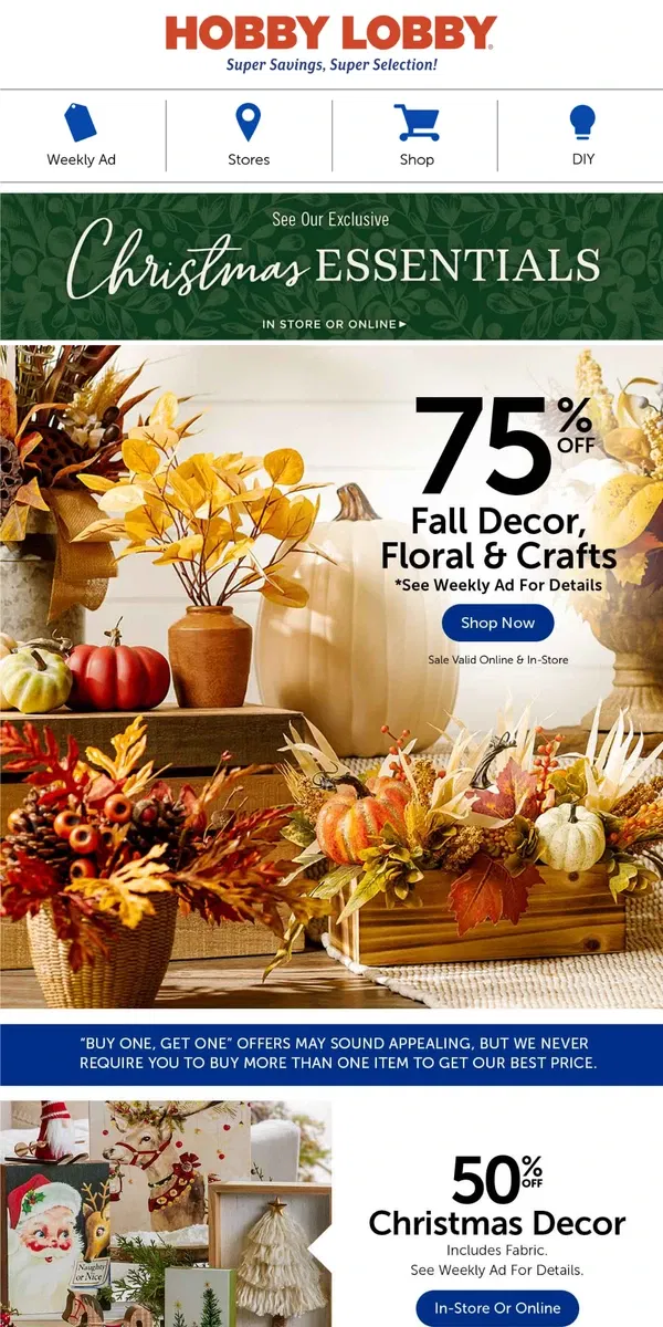 Email from Hobby Lobby. Fallin’ For 75% Off Fall Pumpkins & Floral 🍂