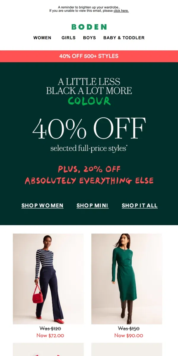 Email from Boden. 40% off. Happy Black Friday