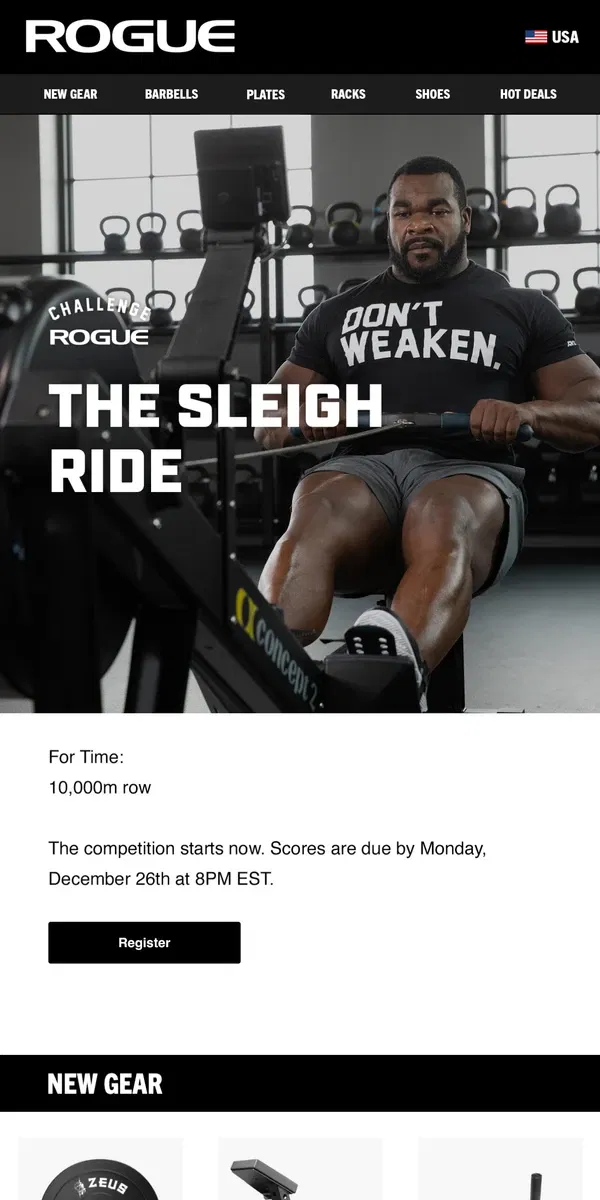 Email from Rogue Fitness. The Sleigh Ride Challenge Starts Now - Register and Submit Your Score!