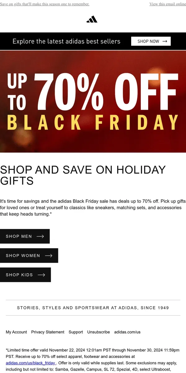 Email from Adidas. Black Friday sale is going strong — shop and save up to 70%