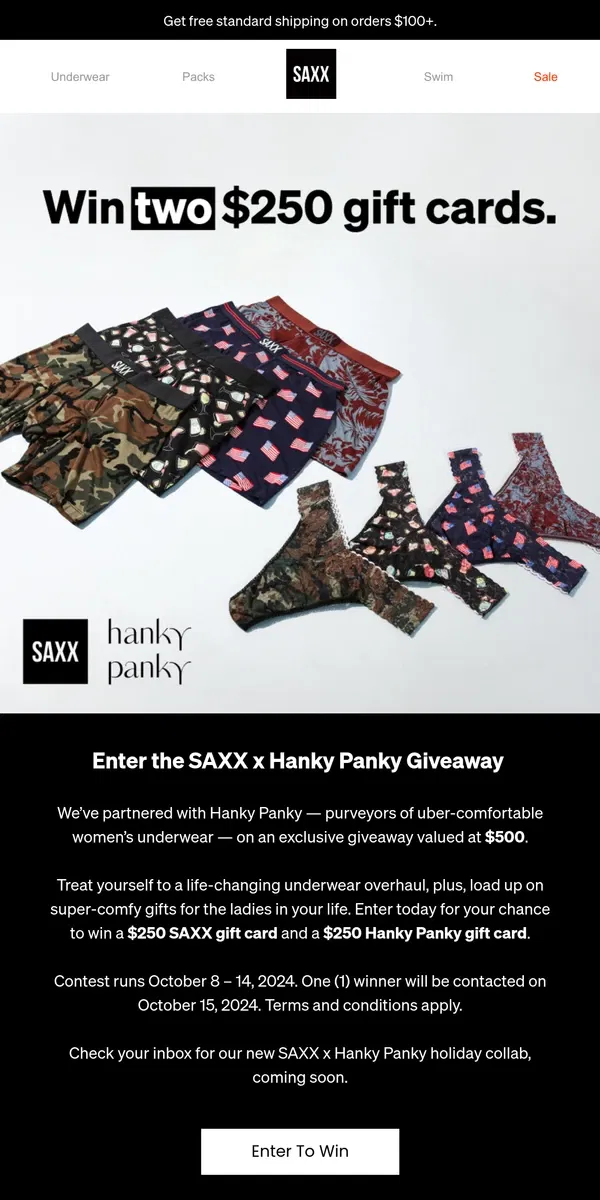 Email from SAXX Underwear. Exclusive: SAXX x Hanky Panky Giveaway