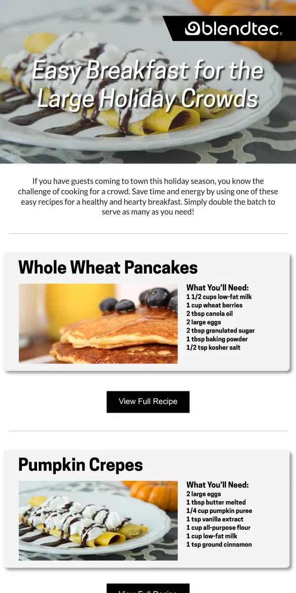 Email from Blendtec. Serving Breakfast for a Crowd this Season?