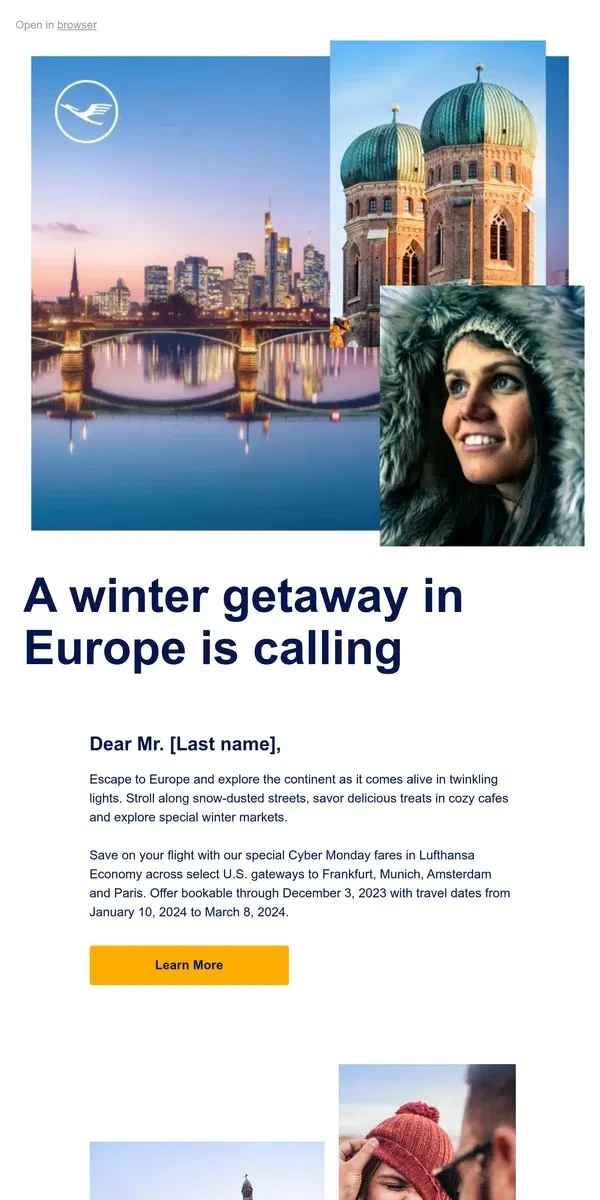 Email from Lufthansa. Check out our great fares this Cyber Monday